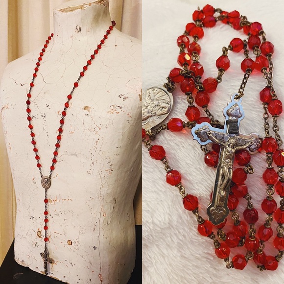 Vintage Jewelry - SOLD Antique Vampire Red Glass Rosary